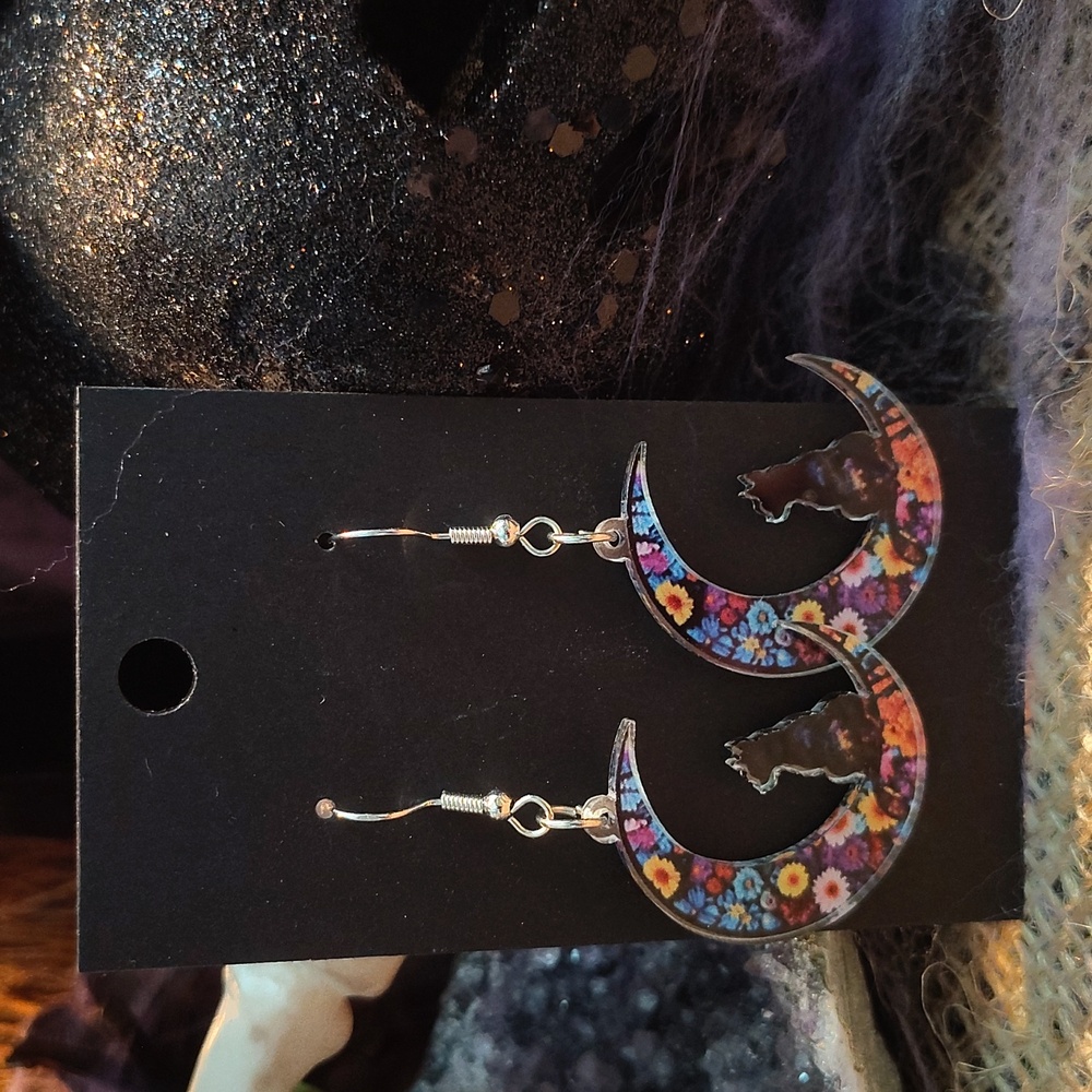 🌙Floral Moon Acrylic Cat Earrings Super Light!